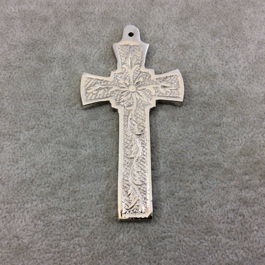 3.5" Heavy Thin Vine Patterned Oxidized Silver Plated Brass Cross Pendant - Measuring 46mm x 88mm, Approximately - Sold Individually