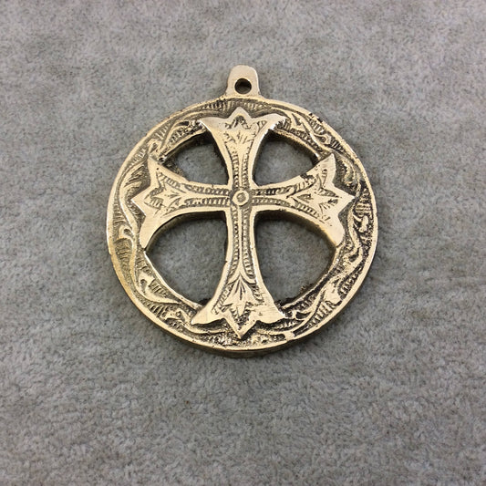 2.5" Heavy Circular Cross Patterned Oxidized Gold Plated Brass Medallion Pendant - Measuring 62mm, Approx. - Sold Individually