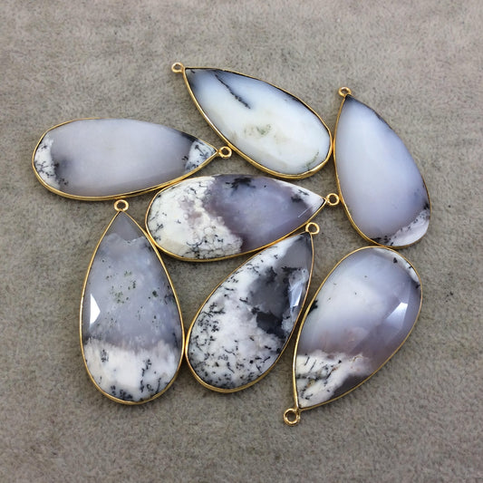 Gold Plated Natural Dendritic Opal Flat Back Faceted Teardrop Shaped Copper Bezel Pendant - ~ 20mm x 40-45mm Long, Random, Individual!