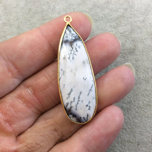 One OOAK Gold Plated Faceted Dendritic Opal Teardrop Shaped Bezel Pendant - Measures ~ 16mmx46mm - Natural Gemstone