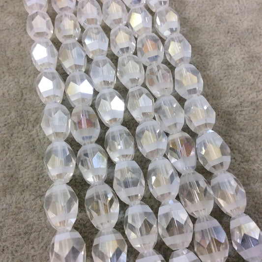 10mm Matte Stripe Glossy Finish Faceted Transparent AB Clear Glass Rice/Oval Beads - 12.5" Strands (Approx. 25 Beads) - (CC1014-099)