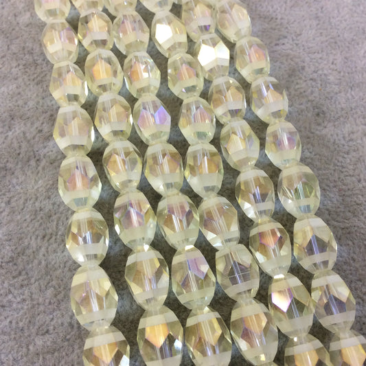 10mm x 14mm Matte Stripe Faceted Trans. AB Pale Yellow Glass Crystal Rice/Oval Beads - 12.5" Strands (Approx. 25 Beads) - (CC1014-087)