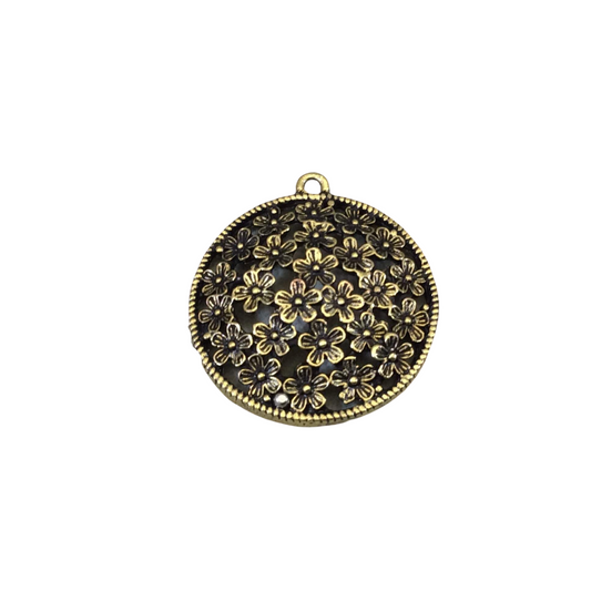 1.25" Brass Finish Raised Center Round Floral Medallion Shaped Pendant with Attached Ring - Measures ~ 30mm x 30mm - Sold Individually