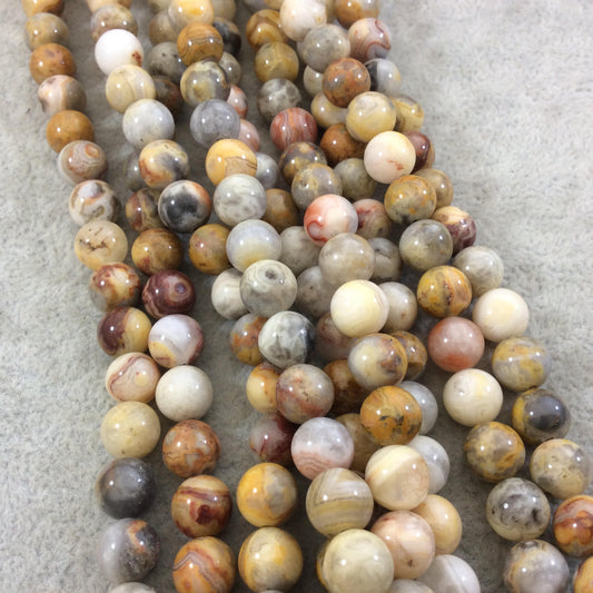 8mm Smooth Round/Ball Shaped Multicolor Yellow Crazy Lace Agate Beads - 15.25" Strand (Approx. 49 Beads) - Natural Semi-Precious Gemstone