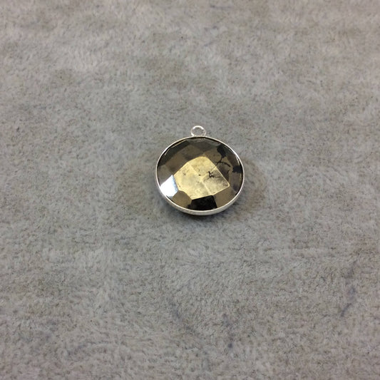 Sterling Silver Faceted Round/Coin Shaped Natural Pyrite Bezel Pendant Component - Measuring 18mm - Sold Individually, Random