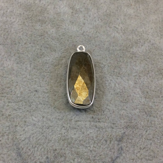 Sterling Silver Faceted Rectangle Shaped Natural Pyrite Bezel Pendant Component - Measuring 10mmx25mm - Sold Individually, Random