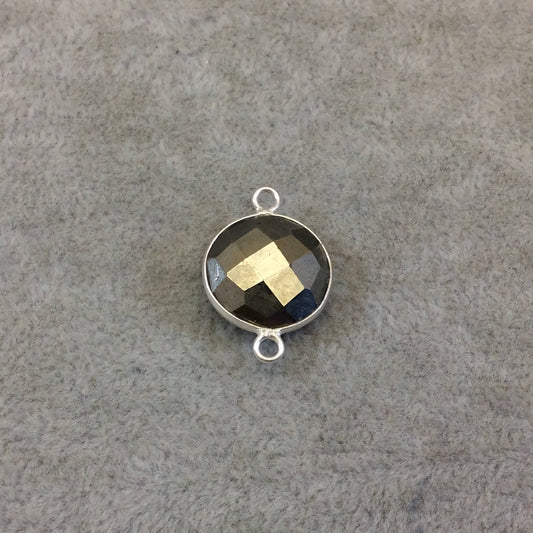 Sterling Silver Faceted Round/Coin Shaped Natural Pyrite Bezel Connector Component - Measuring 16mm - Sold Individually, Random