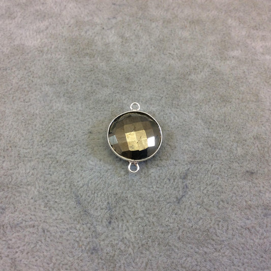 Sterling Silver Faceted Round/Coin Shaped Natural Pyrite Bezel Connector Component - Measuring 18mm - Sold Individually, Random