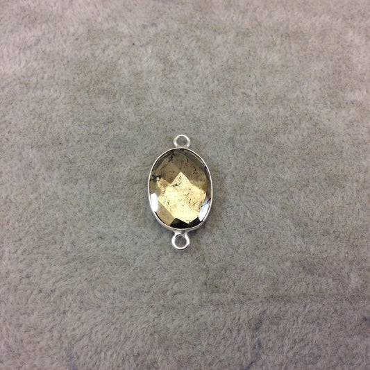 Sterling Silver Faceted Oval/Oblong Shaped Natural Pyrite Bezel Connector Component - Measuring 13mmx18mm - Sold Individually, Random