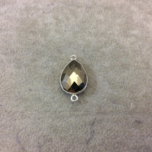 Sterling Silver Faceted Teardrop Shaped Natural Pyrite Bezel Connector Component - Measuring 14mmx18mm - Sold Individually, Random