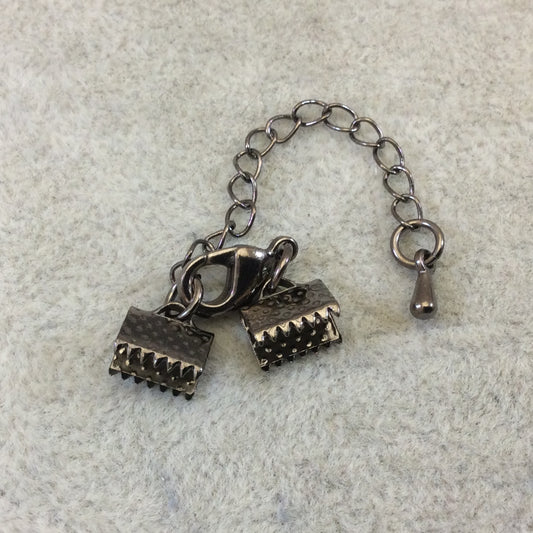 Clasp 10mm Wide Gunmetal Colored Textured Base Metal Ribbon/Fiber End Crimps With Lobster Claw Clasp- Sold In Pack of Five Sets As Shown!