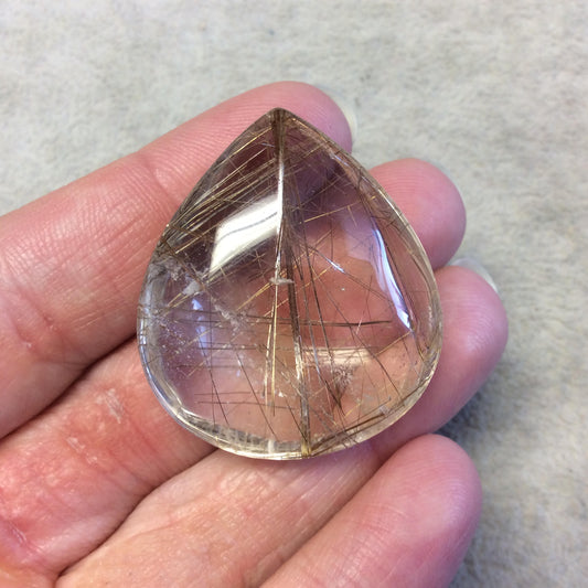 OOAK Natural Rutilated Quartz Teardrop/Pear Shaped Cabochon "N" - Measuring 34mm x 38mm, 16.2mm Total Height - High Quality Gemstone