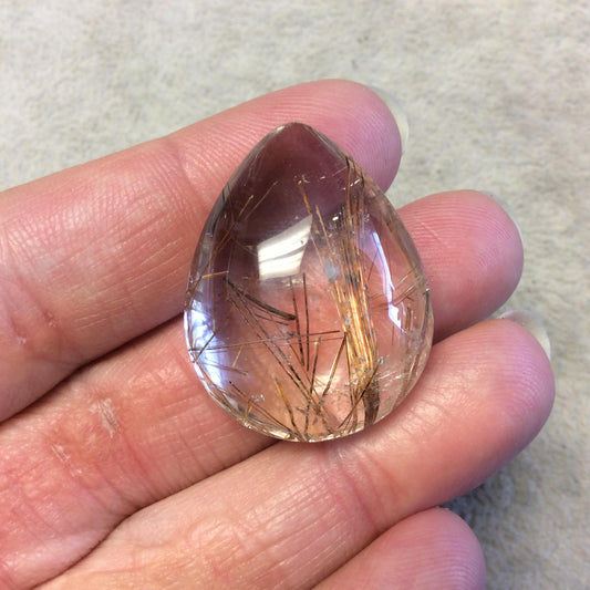 OOAK Natural Rutilated Quartz Teardrop/Pear Shaped Cabochon "M" - Measuring 25mm x 32mm, 14.4mm Total Height - High Quality Gemstone