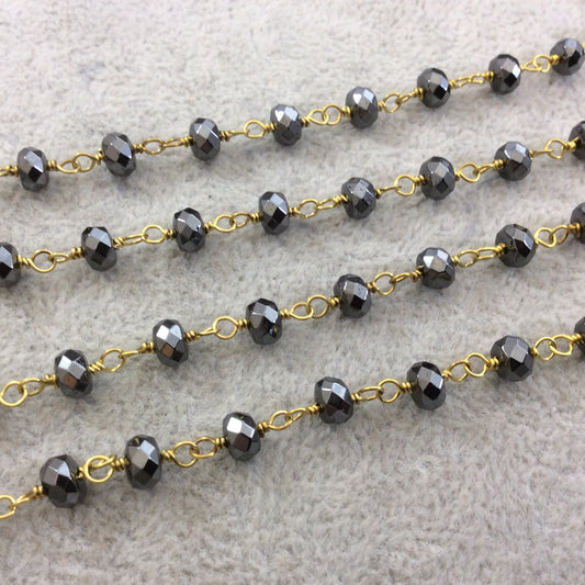Gold Plated Copper Wrapped Rosary Chain with 4mm x 6mm Faceted Natural Hematite Rondelle Shaped Beads - Sold by the Foot!