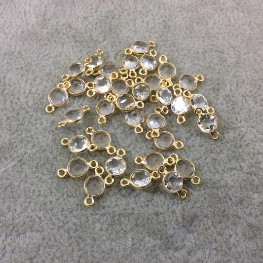 BULK LOT - Pack of Six (6) Gold Vermeil Pointed/Cut Stone Faceted Round/Coin Shaped Clear Natural Quartz Bezel Connectors Measures 5mm