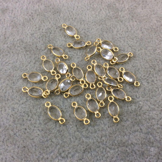 BULK LOT - Pack of Six (6) Gold Vermeil Pointed/Cut Stone Faceted Oval Shaped Clear Natural Quartz Bezel Connectors Measuring 4mm x 6mm