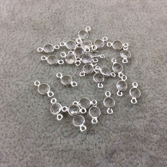Clear Quartz Sterling Silver Connectors for Permanent Jewelry Bracelets - Pack of Six Cut Stone Faceted Round Bezels 4mm - Wholesale Bulk