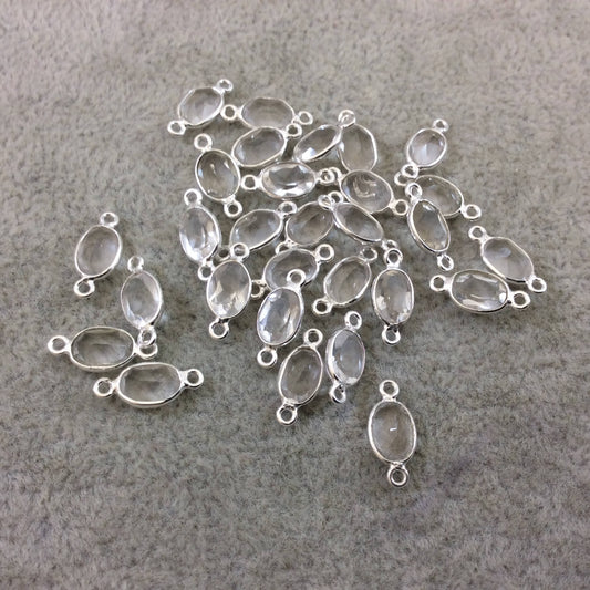 BULK LOT - Pack of Six (6) Sterling Silver Pointed/Cut Stone Faceted Oval Shaped Clear Quartz Bezel Connectors - Measuring 5mm x 7mm