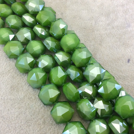 Chinese Crystal Beads | 15mm x 15mm Glossy Finish Faceted Bright Green Hexagon Glass Beads