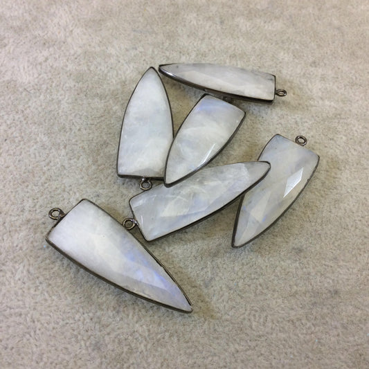 Gunmetal Plated Faceted Natural Rainbow Moonstone Inverted Triangle Shaped Bezel Pendant - Measuring 15mm x 40mm - Sold Individually