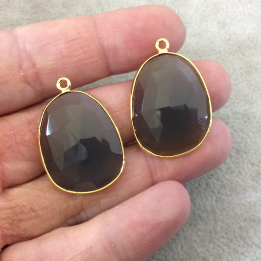 One Pair of OOAK Gold Plated Natural Gray Green Agate Freeform Shaped Bezel Pendants "AP3"- Measuring 21mm x 27mm - High Quality Gemstone