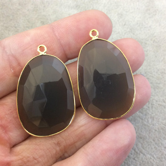 One Pair of OOAK Gold Plated Natural Gray Green Agate Freeform Shaped Bezel Pendants "AP4"- Measuring 21mm x 31mm - High Quality Gemstone
