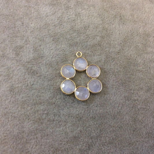 26mm Gold Finish Faceted Natural Rainbow Moonstone 6 Petal (8mm) Flower Shaped Plated Copper Bezel Pendant - Sold Individually, Random