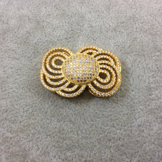 Gold Plated CZ Cubic Zirconia Inlaid Ornate Bow Shaped Copper Slider - Measures 25mm x 35mm, Approx. - Sold Individually, RANDOM