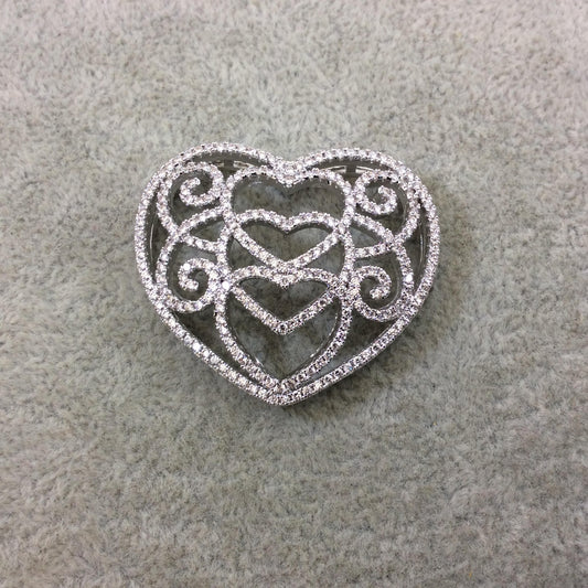 Silver Plated CZ Cubic Zirconia Heart Shaped Copper Slider - Measures 35mmx40mm, Approx. - Sold Individually, RANDOM