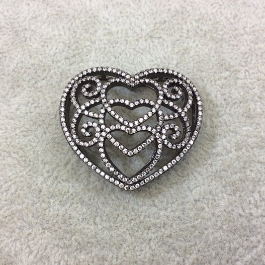 Gunmetal Plated CZ Cubic Zirconia Heart Shaped Copper Slider - Measures 35mmx40mm, Approx. - Sold Individually, RANDOM