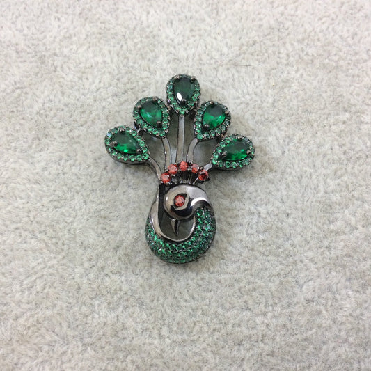 Gunmetal Plated CZ Cubic Zirconia Inlaid Green/Red Peacock Shaped Copper Slider - Measures 30mm x 38mm, Approx. - Sold Individually, RANDOM