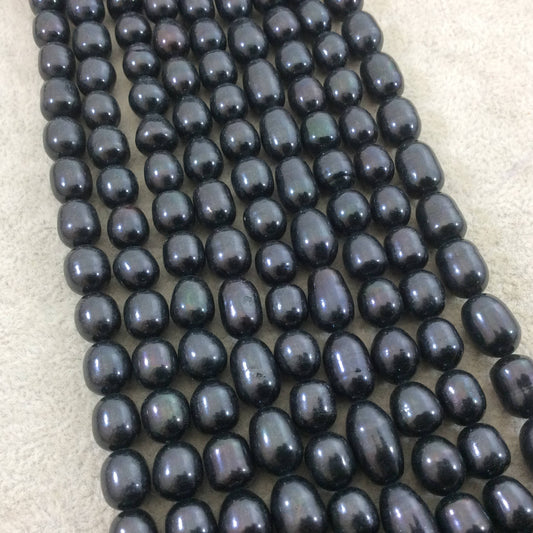 7mm-10mm Natural Freshwater Black/Peacock Rice/Oval Shaped Beads - 16" Strand (Approx. 43 Beads) - Sold by the Strand