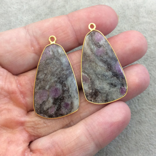 One Pair of OOAK Gold Finish Faceted Ruby in Feldspar Freeform Shaped Bezel Pendants "RP3"- Measuring 21mm x 35mm - Natural Gemstone