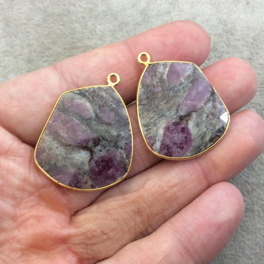 One Pair of OOAK Gold Finish Faceted Ruby in Feldspar Freeform Shaped Bezel Pendants "RP4"- Measuring 25mm x 29mm - Natural Gemstone