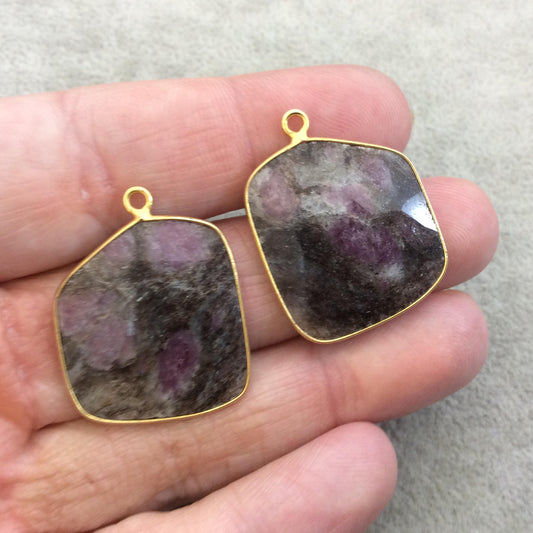 One Pair of OOAK Gold Finish Faceted Ruby in Feldspar Freeform Shaped Bezel Pendants "RP8"- Measuring 23mm x 25mm - Natural Gemstone
