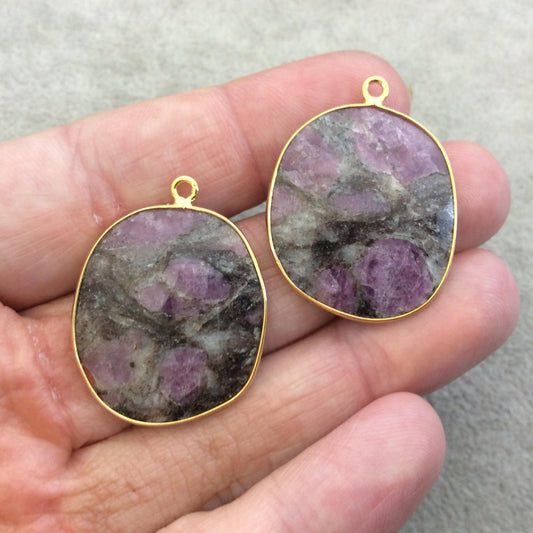 One Pair of OOAK Gold Finish Faceted Ruby in Feldspar Freeform Shaped Bezel Pendants "RP7"- Measuring 25mm x 29mm - Natural Gemstone
