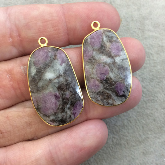 One Pair of OOAK Gold Finish Faceted Ruby in Feldspar Freeform Shaped Bezel Pendants "RP16"- Measuring 19mm x 31mm - Natural Gemstone