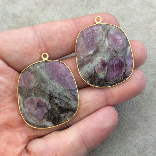 One Pair of OOAK Gold Finish Faceted Ruby in Feldspar Freeform Shaped Bezel Pendants "RP18"- Measuring 30mm x 33mm - Natural Gemstone