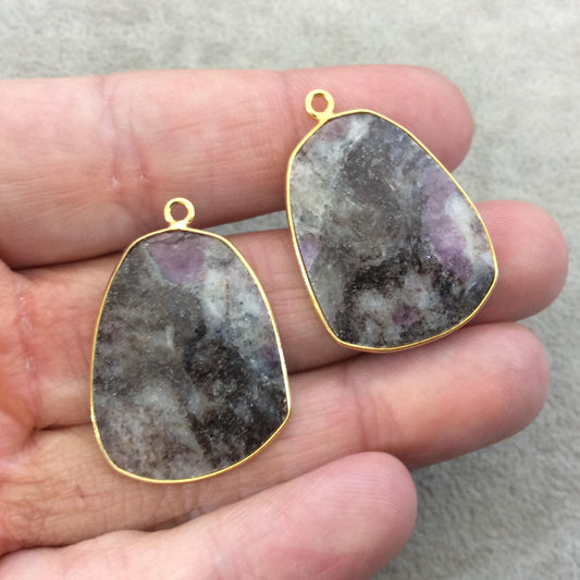 One Pair of OOAK Gold Finish Faceted Ruby in Feldspar Freeform Shaped Bezel Pendants "RP19"- Measuring 22mm x 29mm - Natural Gemstone