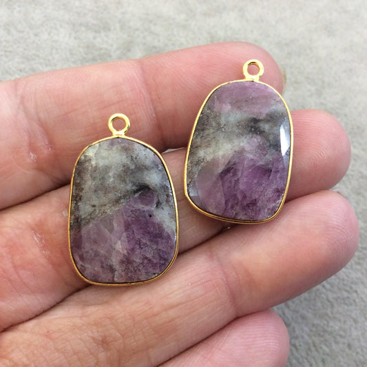One Pair of OOAK Gold Finish Faceted Ruby in Feldspar Freeform Shaped Bezel Pendants "RP9"- Measuring 17mm x 23mm - Natural Gemstone