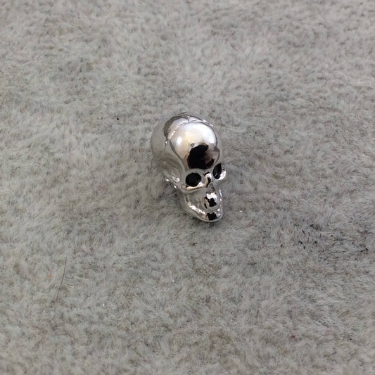 Silver Plated CZ Cubic Zirconia Inlaid Skull Shaped Bead Black Eyes - Measures 10mmx13mm, Approx. - Sold Individually, RANDOM
