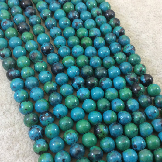 6mm Dyed Blue-Green Chrysocolla Smooth Glossy Round/Ball Shaped Beads with 1.5mm Holes - 7.5" Strand (Approx. 34 Beads) - LARGE HOLE BEADS