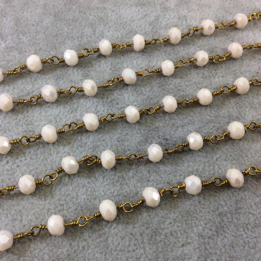 Dark Gold Plated Copper Wrapped Rosary Chain with 6mm Faceted Opaque AB Pale Peach Glass Crystal Rondelle Beads By the Foot (RC46-066AB-DG)