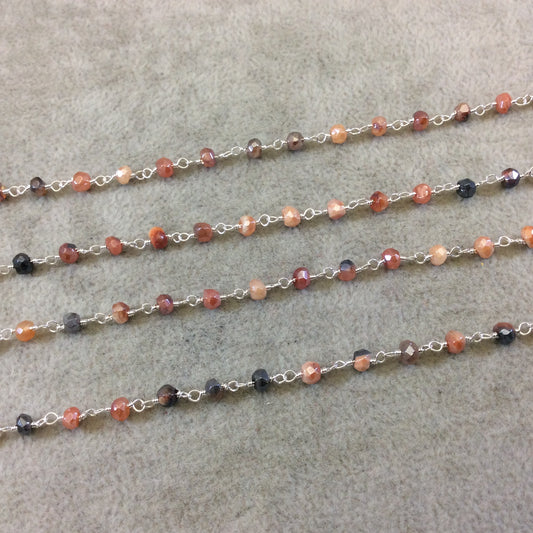 Silver Plated Copper Rosary Chain with Faceted 3-4mm Rondelle Shaped Mystic Coated Peach/Gray Carnelian Beads - Sold by the Foot (CH149-SV)