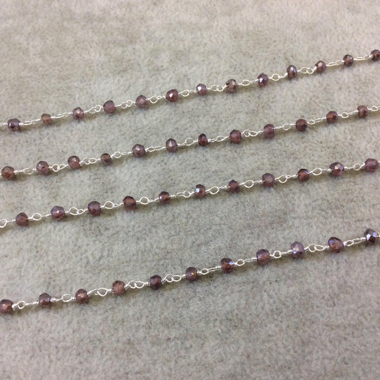 Silver Plated Copper Rosary Chain with Faceted 3-4mm Rondelle Shaped Mystic Coated Pink Red Garnet Beads - Sold Per Foot (CH150-SV)