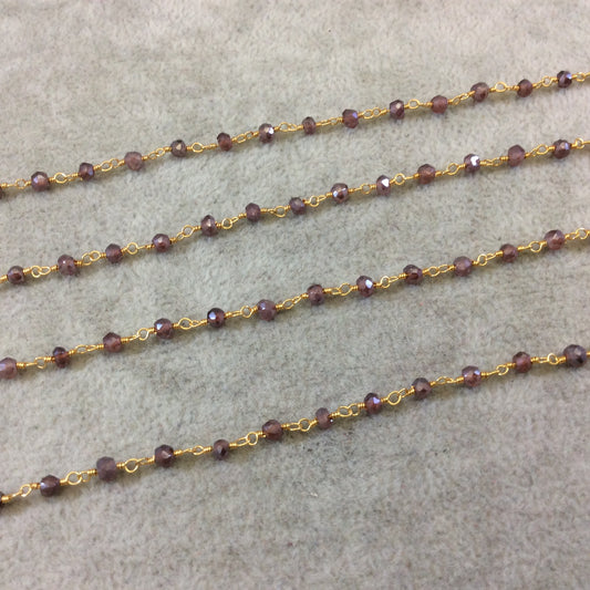 Gold Plated Copper Rosary Chain with Faceted 3-4mm Rondelle Shaped Mystic Coated Pink Red Garnet Beads - Sold Per Foot (CH150-GD)