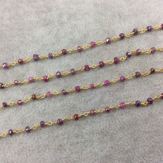 Gold Plated Copper Rosary Chain with Faceted 3-4mm Rondelle Shape Mystic Coated Magenta Quartz Beads - Sold by the Foot (CH153-GD)