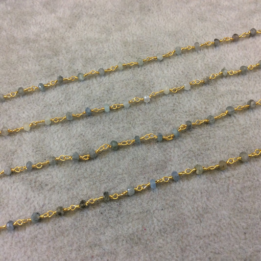 Gold Plated Copper Rosary Chain with Faceted 3-4mm Rondelle Shape Mystic Coated Gray Green Moss Aquamarine Beads - Sold Per Foot (CH155-GD)