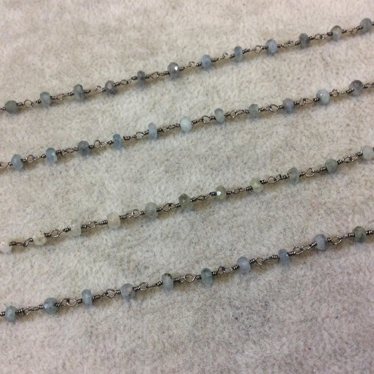 Gunmetal Plated Copper Rosary Chain w/ Faceted 3-4mm Rondelle Shape Mystic Coated Gray Green Moss Aquamarine Beads - Sold Per Foot CH155-GD