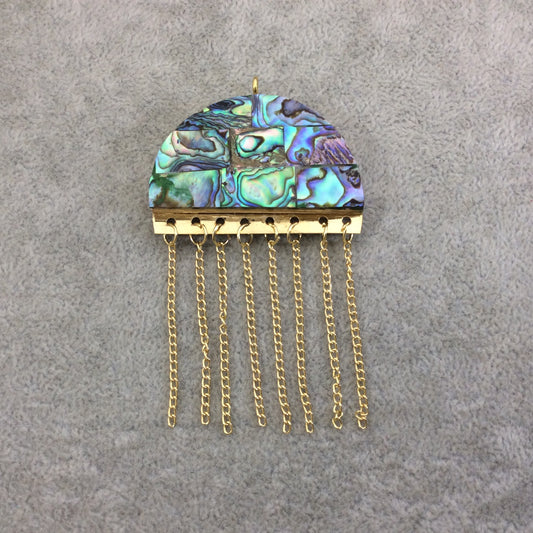 2" Iridescent Rainbow Jellyfish Shaped Natural Abalone Pendant with Gold Plated Chains - Measuring 48mm x 34mm, 45mm Chains